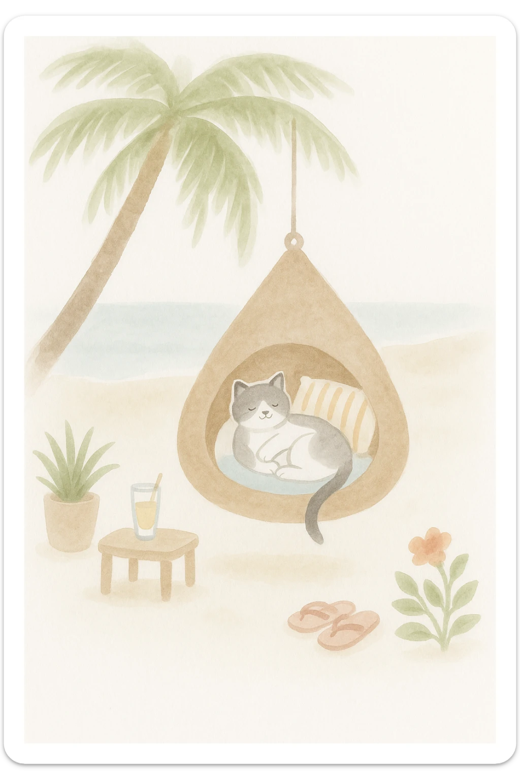 A cat lying in a hanging chair on the beach under a palm tree, with the sea, sand, a table with a drink, plants, and slippers nearby. Rendered in watercolor style with soft blurred lines, watercolor textures, and gentle colors. sticker