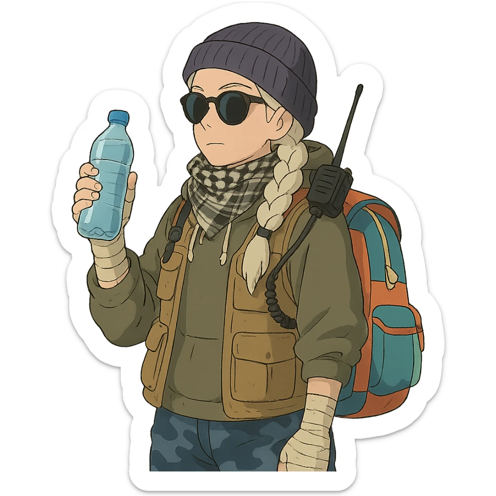 1 female, long white braid, knit cap, dark sunglasses, shemegh neckwrap, fishing vest, vibrant shool backpack, drab hoodie, handwraps, blue camo pants, handheld radio clipped to shoulder, unkempt, holding a bottle of water sticker