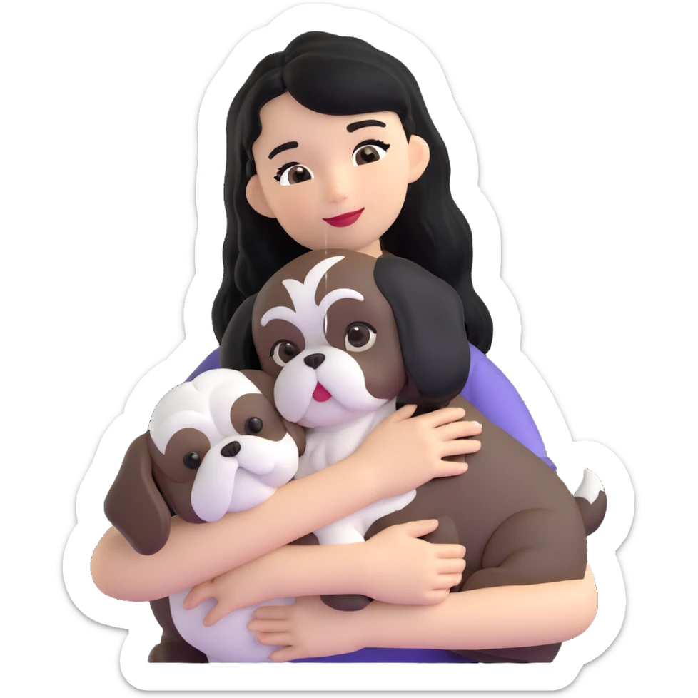 A girl with black hair hugging a Shih Tzu dog sticker