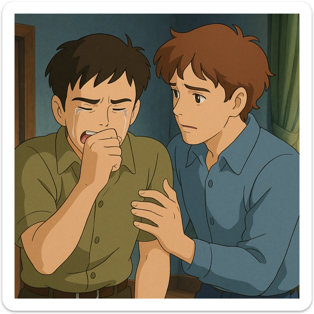 two men, gay couple, breaking up, emotional scene, in ghibli style sticker