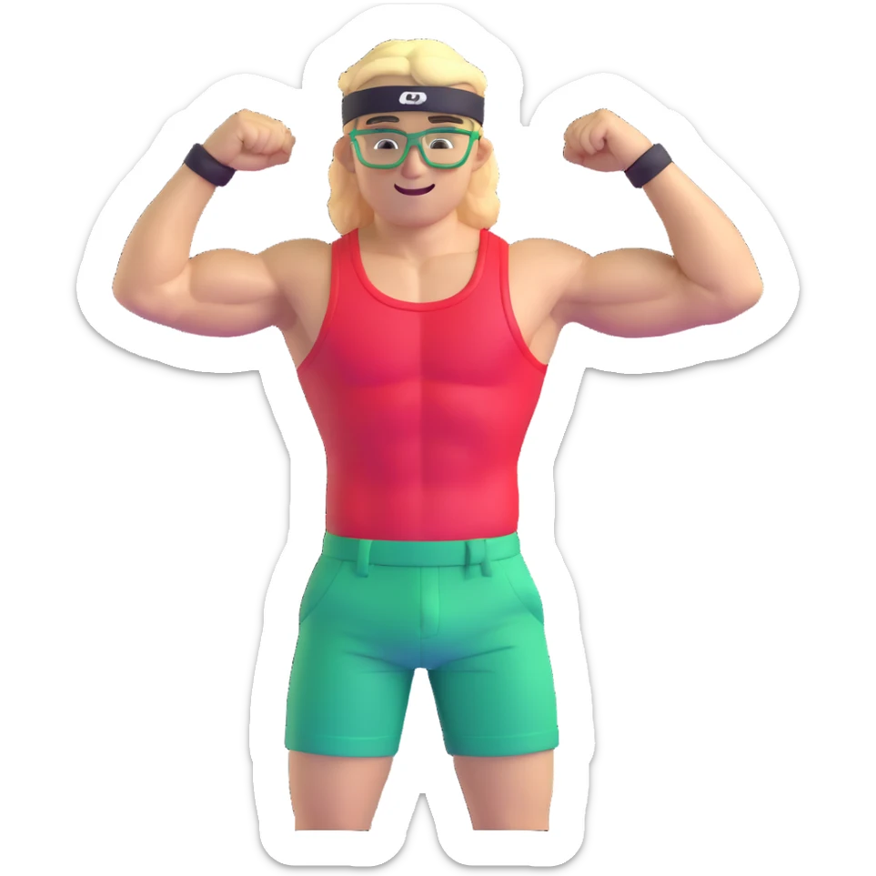 Man with black and white cap, bare muscular torso, red shorts, clear glasses, messy light blond mullet hairstyle, flexing and smiling sticker