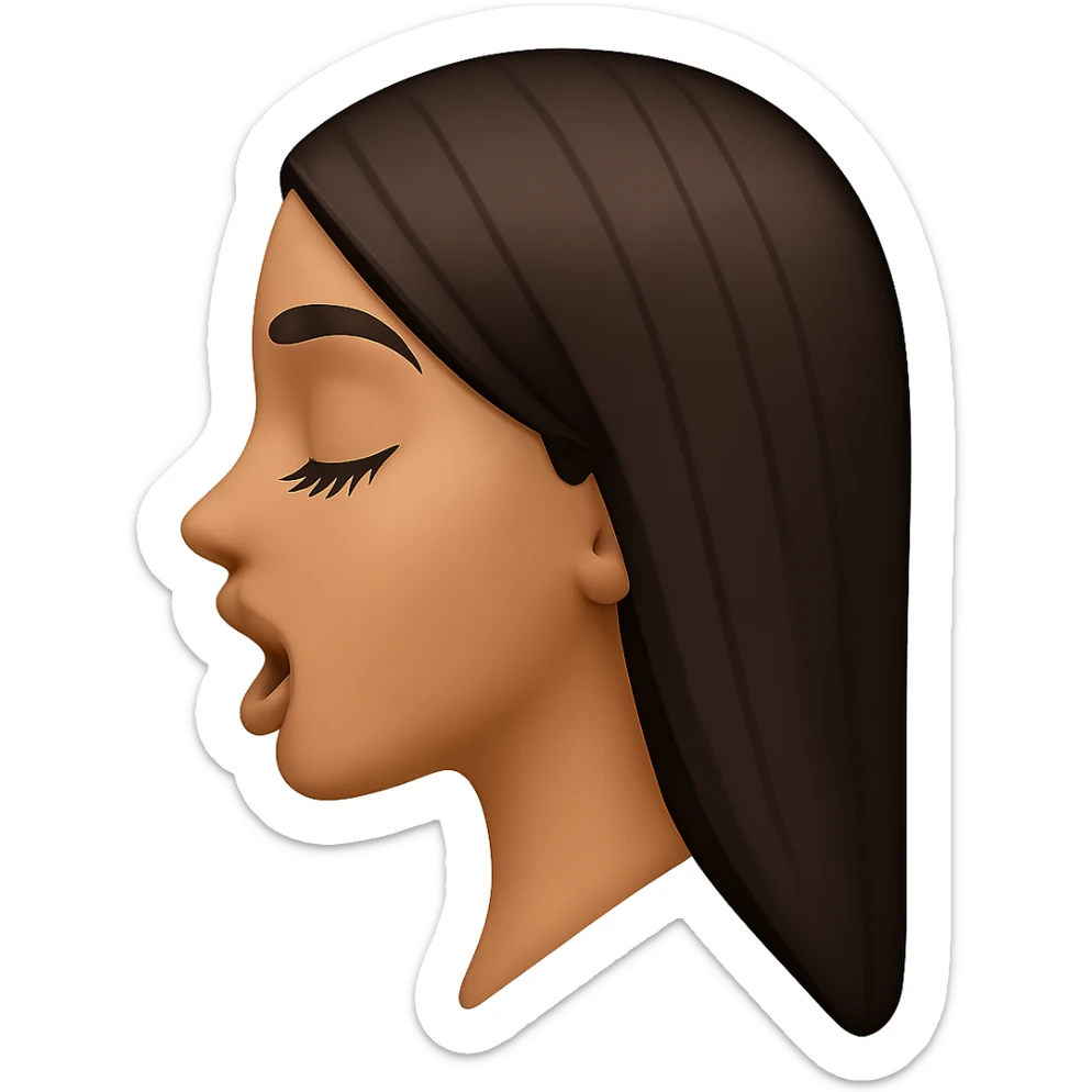 Create a side view (profile) of this woman's head in the normal iPhone emoji style, with closed eyes, long eyelashes, an open mouth, smooth shading, no outlines, and long dark hair. This is variant 4. The style should mimic the iPhone emoji style with smooth shading and no outlines. sticker