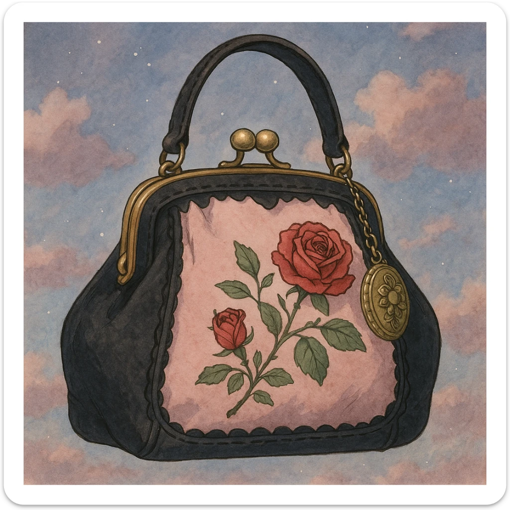 pink and black gothic purse, rose embroidery, vintage charm, dreamy atmosphere sticker
