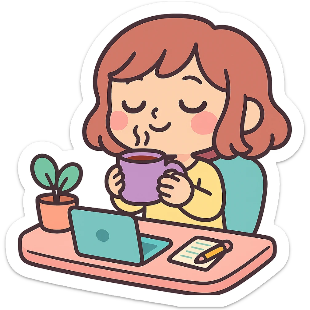 chibi girl enjoying coffee at her work desk, relaxed vibe, pastel colors, cute and cozy sticker