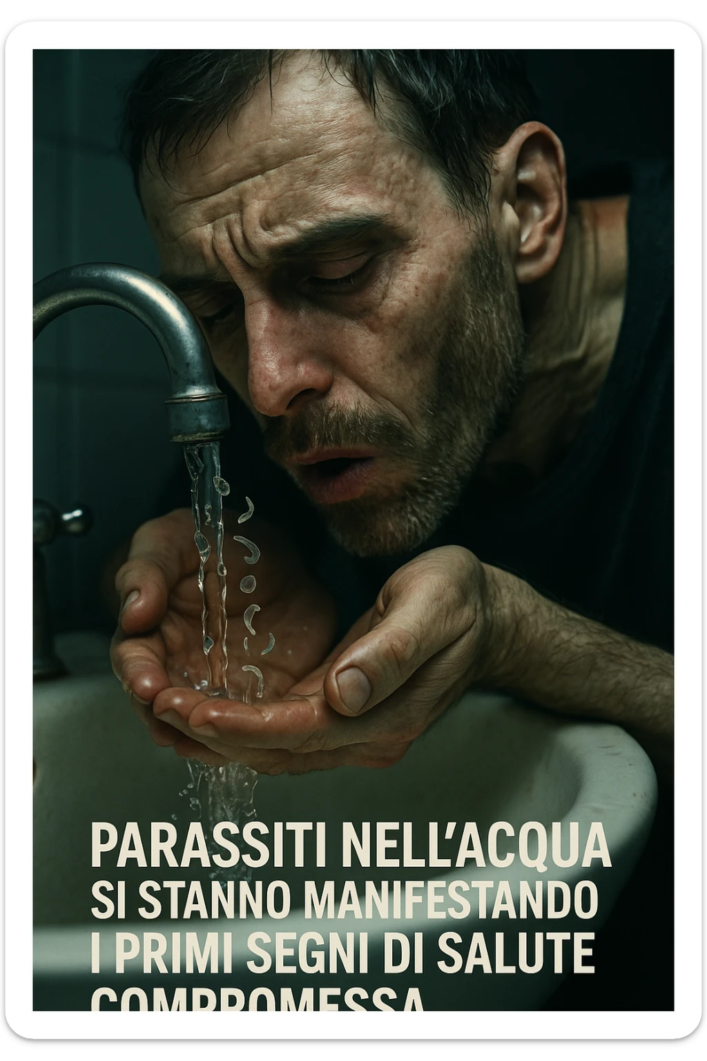 vertical realistic cinematic image of a man drinking water from a faucet, visible parasites in the water, early signs of health deterioration, clinical dramatic lighting, Italian captions, aspect ratio 2:3 sticker