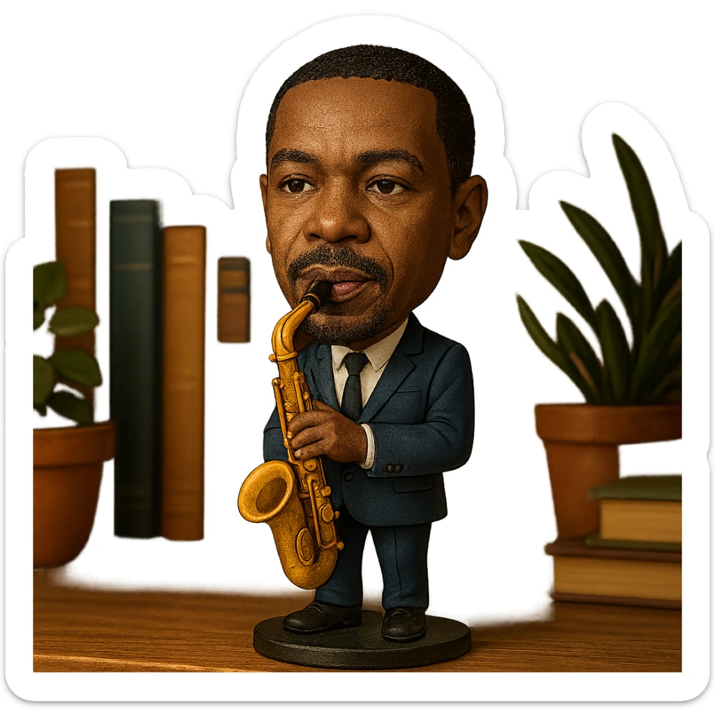 illustration of a jazz musician with a saxophone in bobblehead style sticker