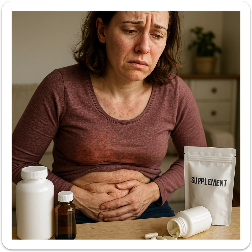realistic style woman with intestinal dysbiosis caused by wrong supplementation, suffering expression, clinical details, domestic environment, visible supplement packages sticker