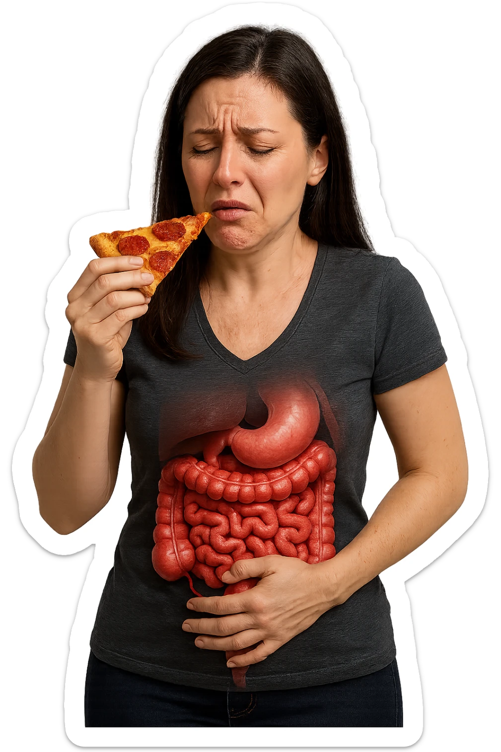DONNA CON INTESTINO ANATOMICO REALISTICO IN EVIDENZA E MAL DI PANCIA MENTRE MANGIA UNA FETTA DI PIZZA, iperrealistici 4k, non disegnati sticker