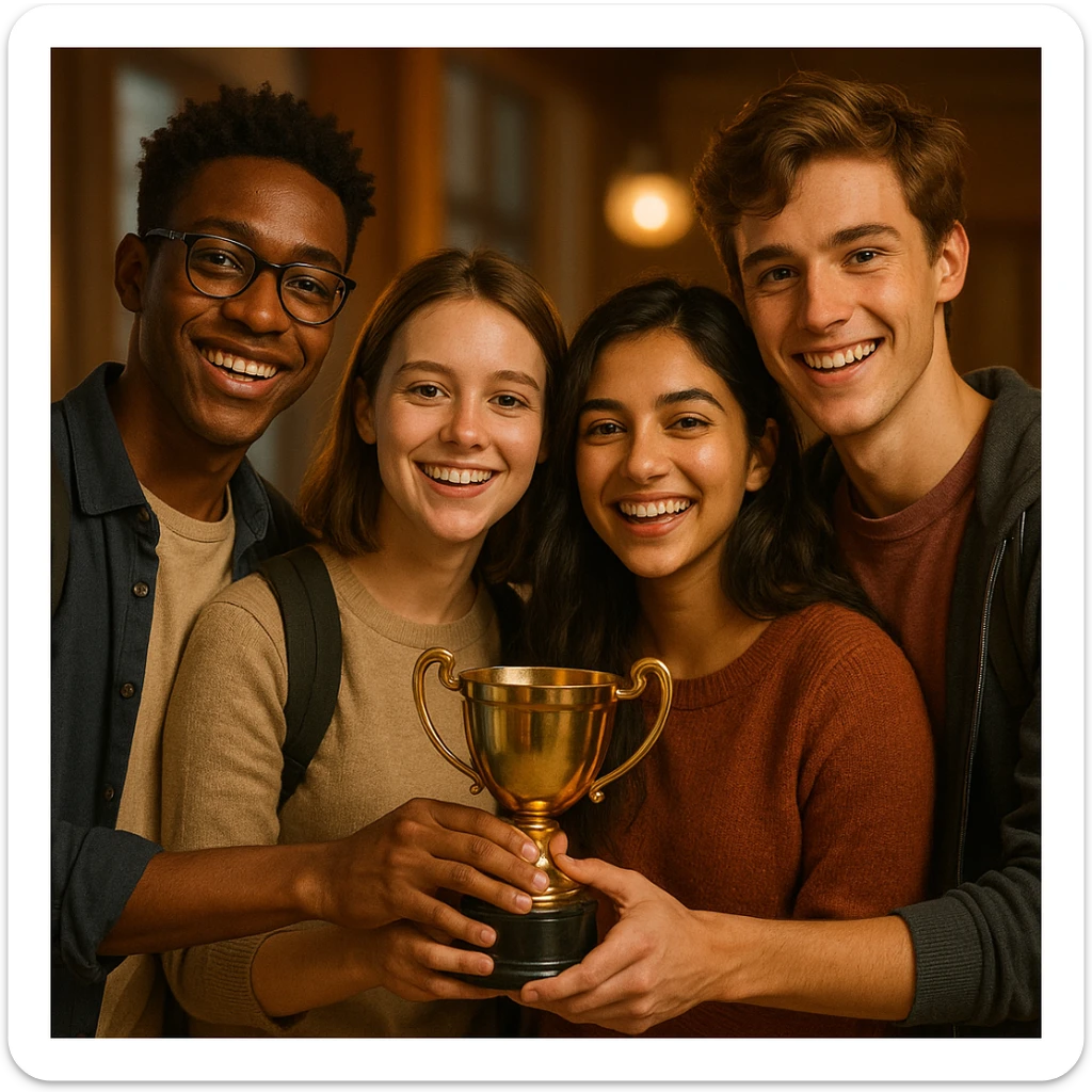 quatre jeunes étudiants ensemble, tenant un trophée, ambiance chaleureuse, style semi-réaliste, warm lighting, detailed faces sticker