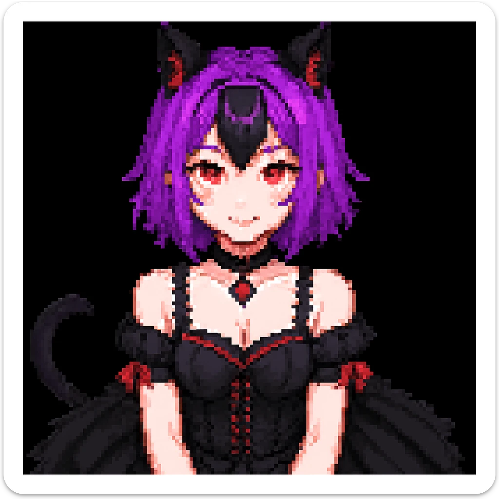 Change hair color to purple, keep all other gothic neko girl features the same, in pixel art style. Maintain pixel art aesthetic and details. sticker