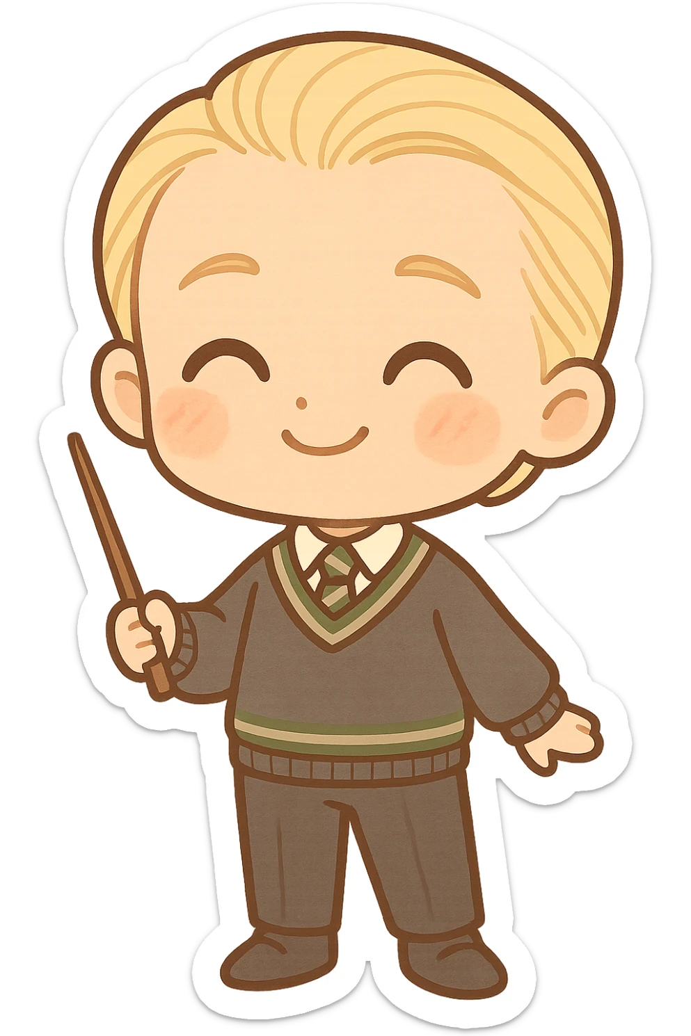 Chibi kawaii Draco Malfoy with exaggerated proportions (big head, small body), clean lines and dark brown thin outline, happy expression with closed arched eyes, subtle smile, rosy cheeks. Classic Slytherin uniform: dark gray sweater with green and silver stripes, white shirt, green/silver striped tie, dark dress pants, black socks and shoes. Holding wand. Light blonde, straight hair combed back. Warm, earthy, pastel palette, light cel shading, neutral or transparent background. sticker
