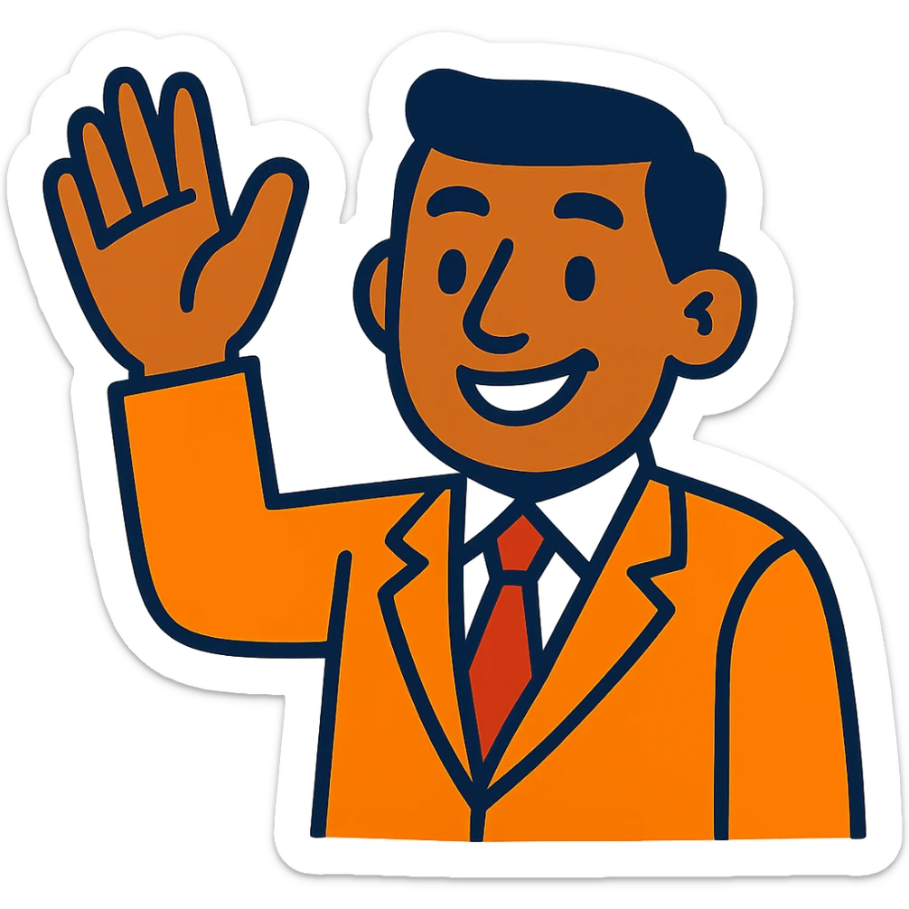 polite person waving hello, warm and welcoming, vibrant toon style sticker