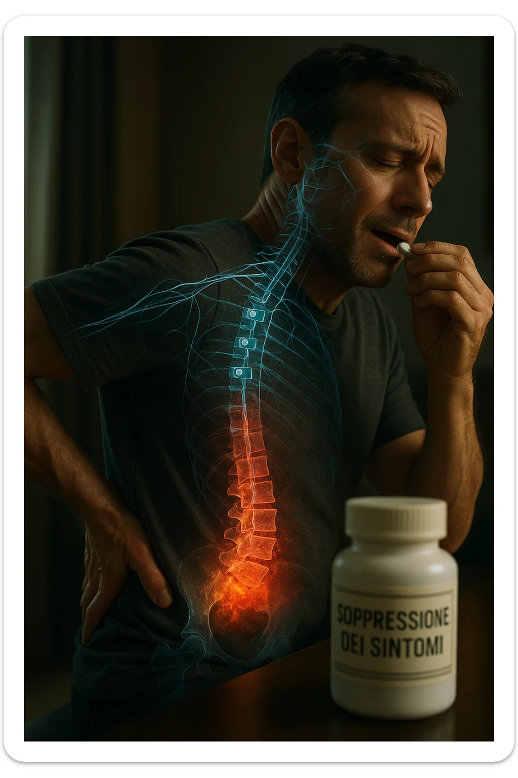 Realistica cinematic Man taking pain medication for chronic back pain, pills shown as dimmer switches turning down pain signals in transparent nervous system overlay, underlying spinal damage remaining completely untreated and worsening, expression of temporary relief masking progressive deterioration, medication bottle labeled 'symptom suppression' not 'cure', root cause inflammation continuing to spread in italiano sticker