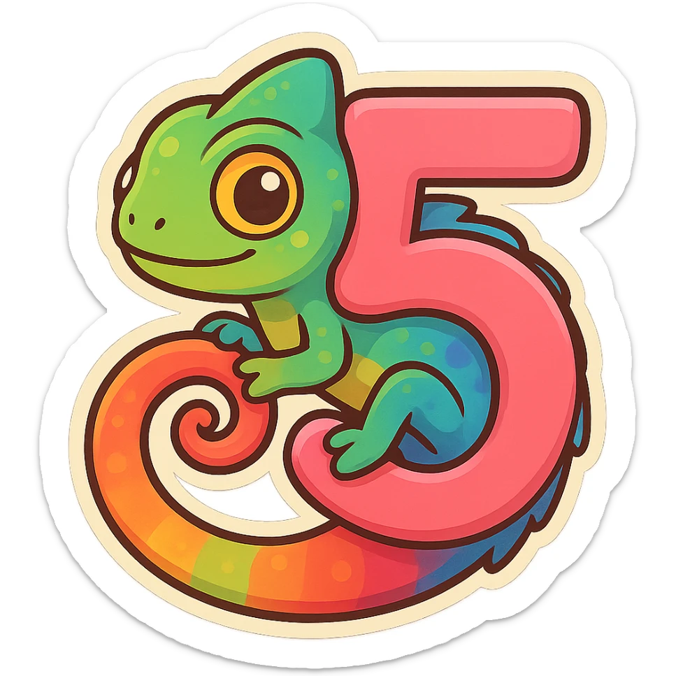 vibrant colorful chameleon wrapped around the number 5, its tail and body forming the shape of the digit sticker