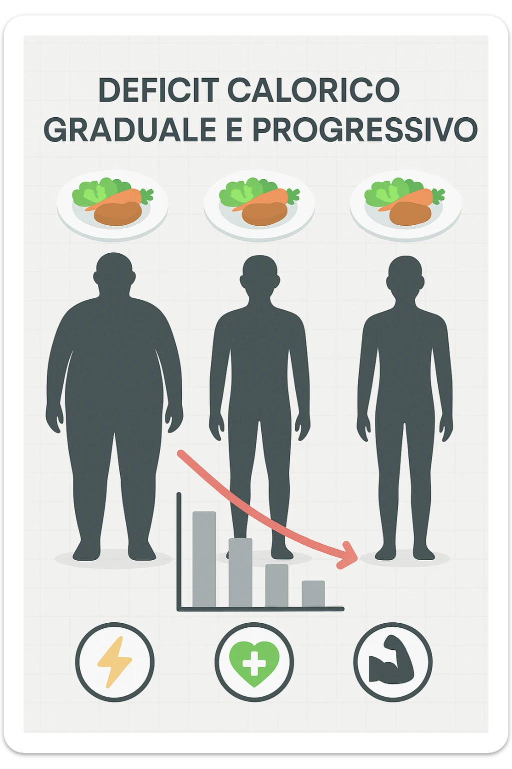 una sequenza di tre sagome umane affiancate, ognuna rappresenta una fase diversa di perdita di peso graduale. Sopra ogni figura, un piatto mostra porzioni di cibo bilanciate ma leggermente ridotte. Frecce e grafici illustrano una diminuzione lenta e costante dell’apporto calorico giornaliero, con icone che rappresentano energia, salute e mantenimento della massa muscolare. Sfondo pulito e moderno, con etichette chiare che spiegano “deficit calorico graduale e progressivo” in italiano sticker