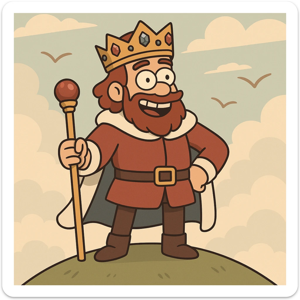 cartoon style, a king with a scepter and a jeweled crown, standing on a small hill, smiling, birds flying in the background sticker