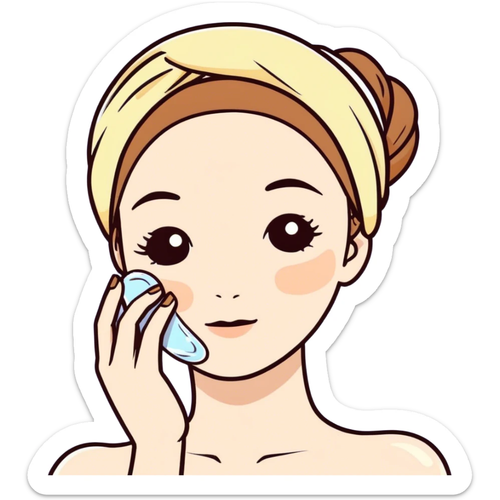 Pale skin with brown hair with spa head band putting lotion on her face sticker