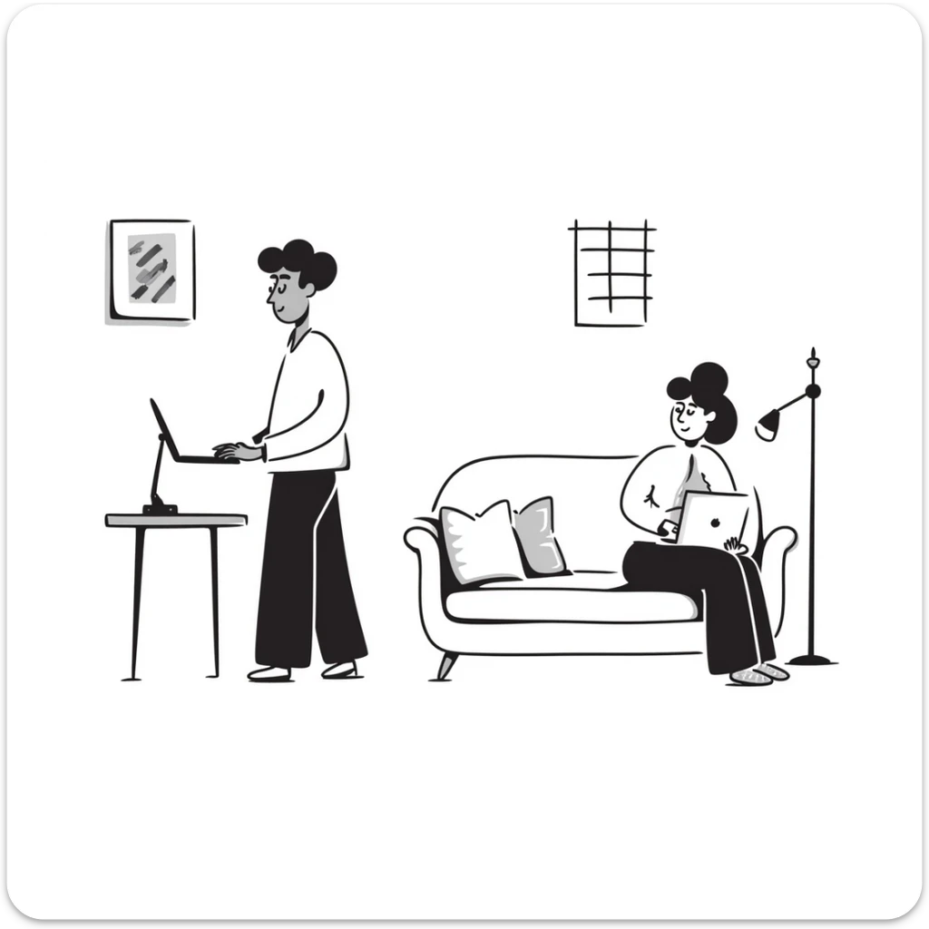 escenary 3d of a cozy mid-century living room with two people working on laptops, one man standing at a desk and one woman sitting on a couch, two walls and floor visible sticker