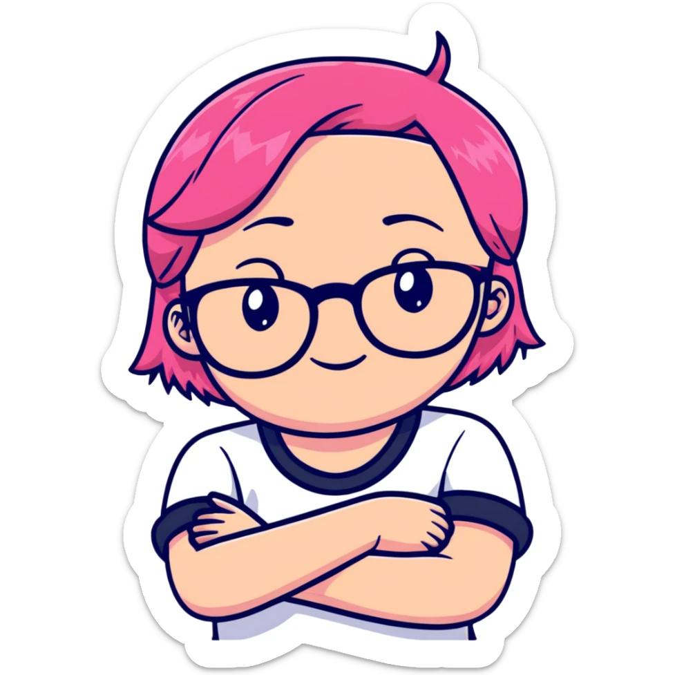 Pink-haired girl with glasses crossing her arms with a slight smirk sticker