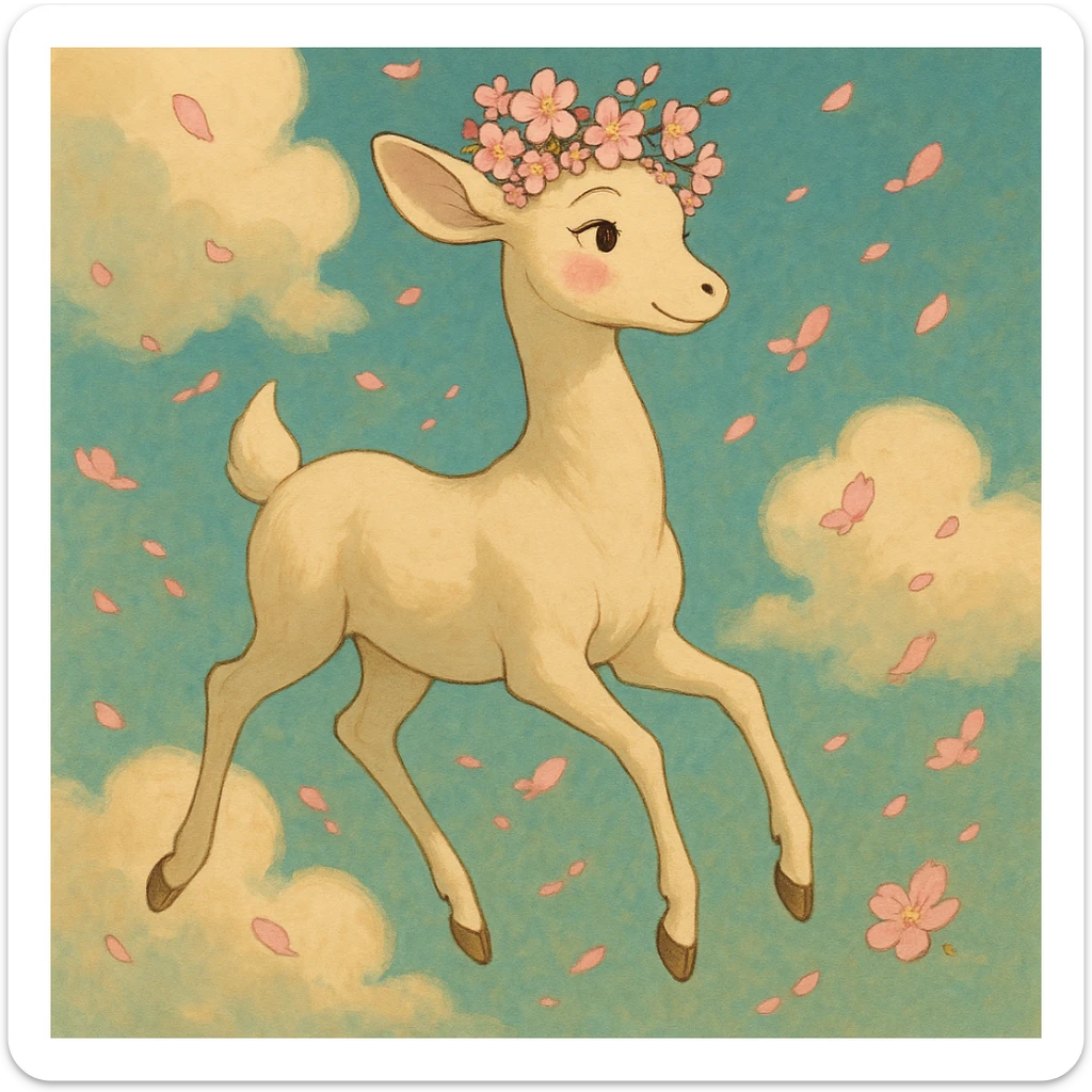 feminine adult vanilla cloud doe, rosy cheeks, cherry blossom crown, floating gracefully, elegant and magical, Ghibli-Pixar style sticker