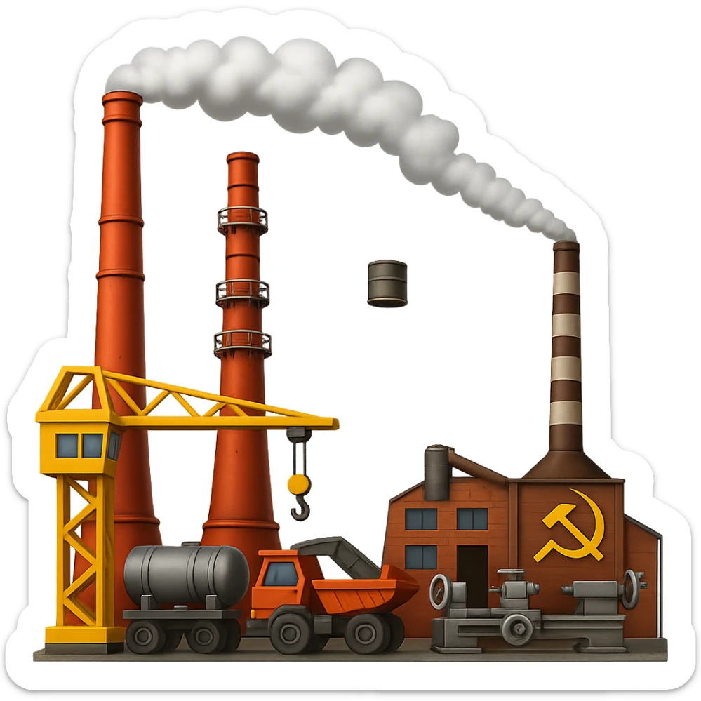 Add more visible machinery and equipment to the Soviet heavy equipment plant in emoji style, with no background. sticker