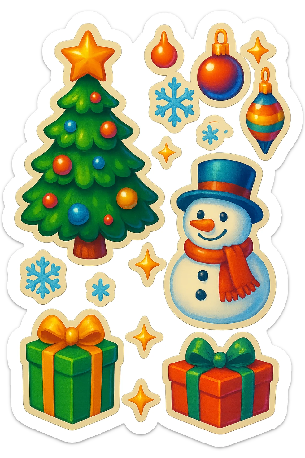 christmas tree, decorations, gifts, snowman, christmas atmosphere emoji set sticker