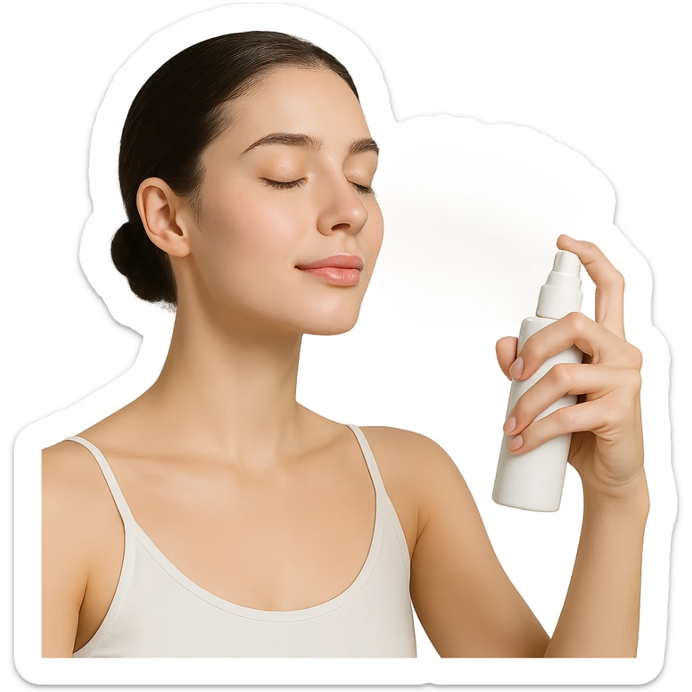 girl spraying face mist, clean and fresh, minimal background, modern style, skincare, beauty sticker