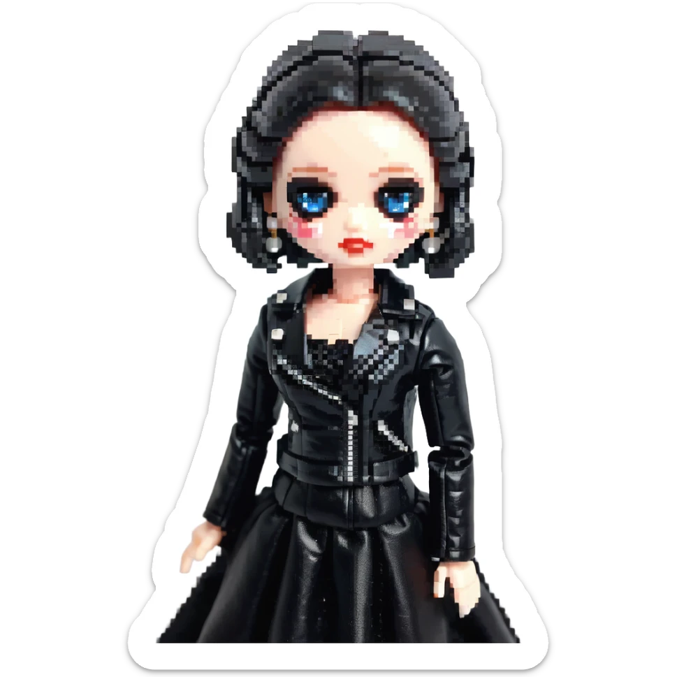 Chucky's bride doll wearing a black dress and black leather jacket, with dark makeup sticker