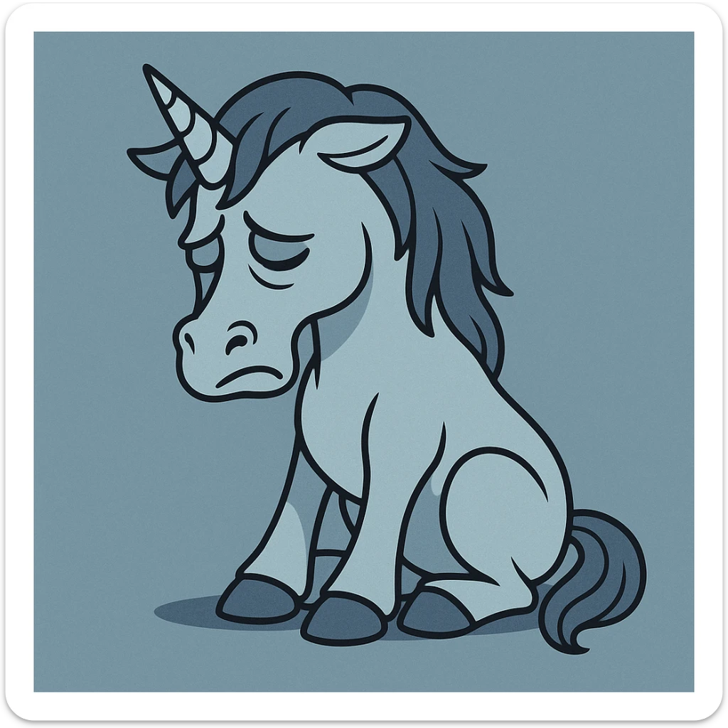 a sad unicorn with head down, blue and gray color palette, cartoon style sticker
