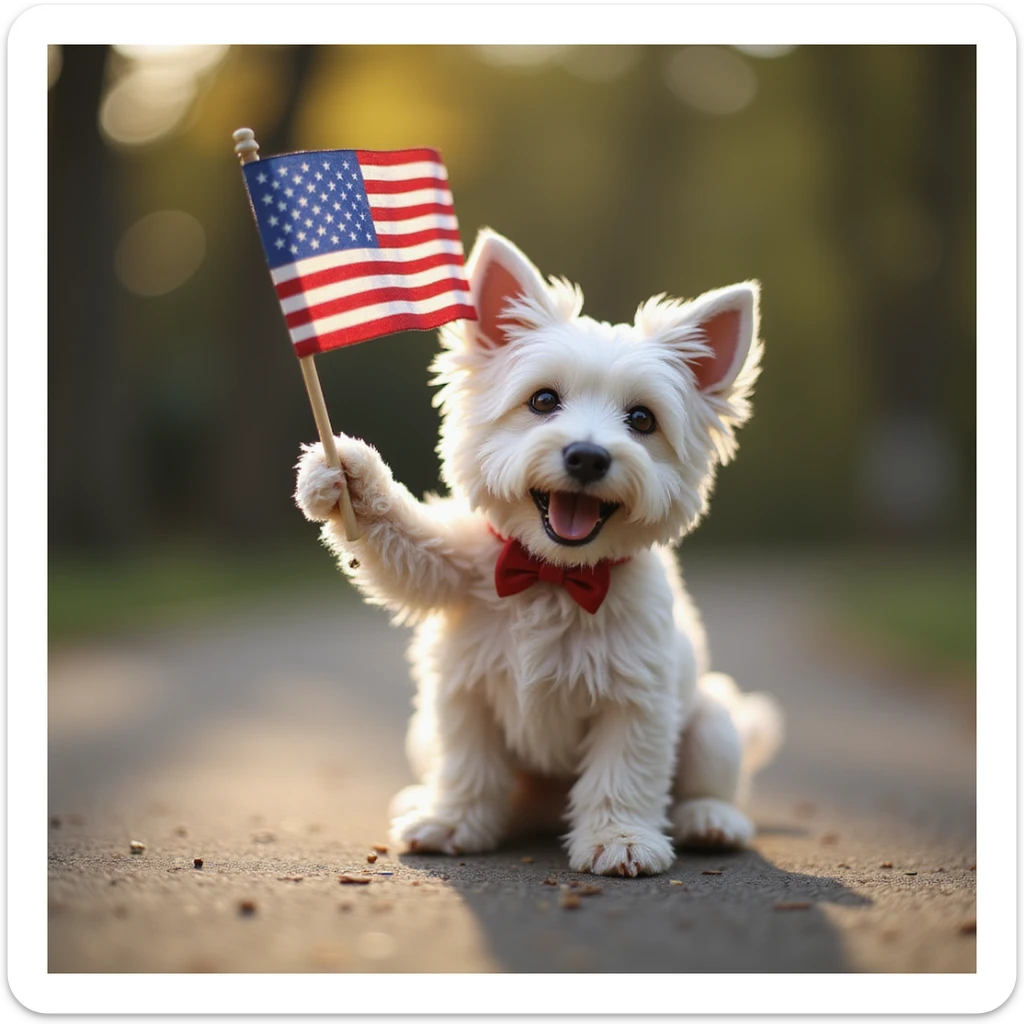 happy lifelike Westie dog waving a small US flag with realistic lighting and outdoor background sticker