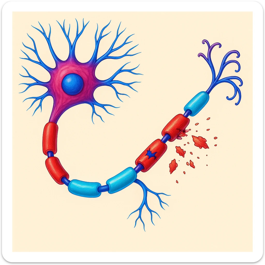 Make the neuron and myelin sheath illustration more colorful with vibrant medical colors, enhancing the vibrancy and clarity of the medical illustration. sticker