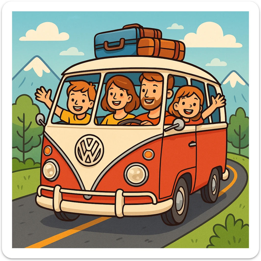 color vector art with thin outline of family on road trip with volkwagon van  sticker