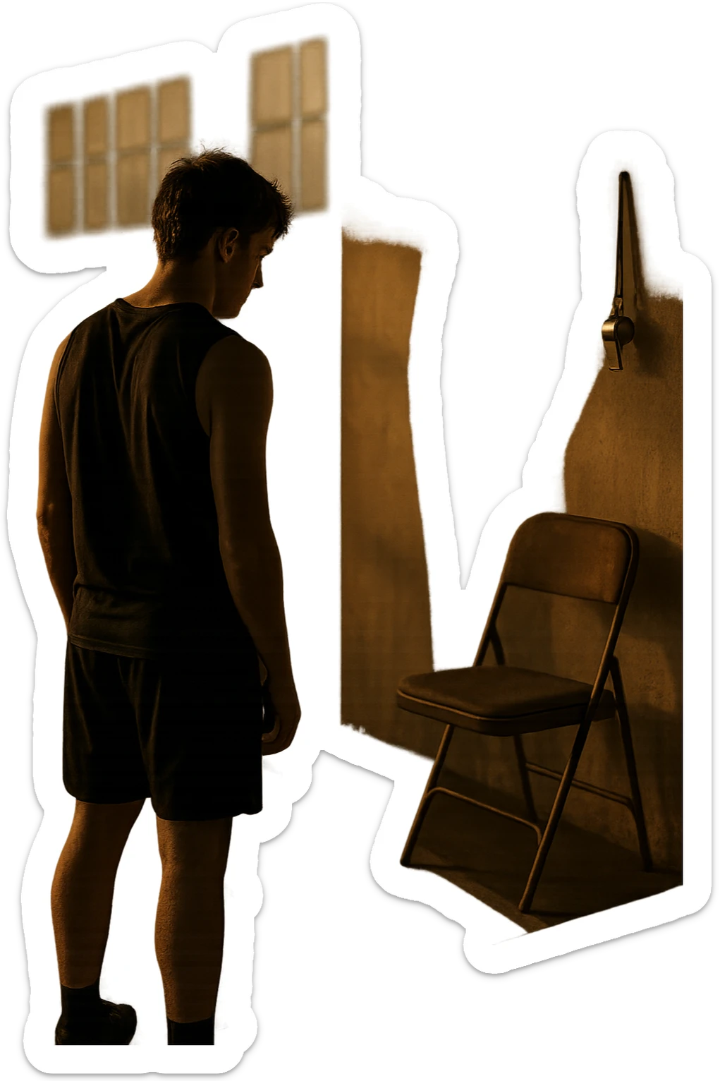 cinematic a person stands alone on a running track or in a fitness studio, glancing toward an empty coach’s chair or whistle hanging on a hook. The absence of the coach is emphasized by a faint, transparent silhouette or shadow where the coach should be. The atmosphere is quiet and a bit disheartened. sticker