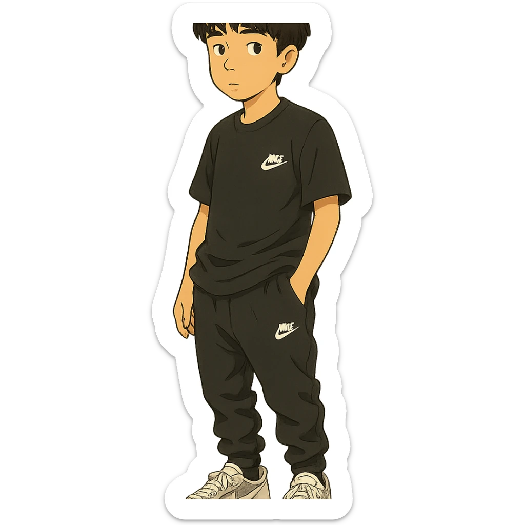 chico moreno cartoon with eyebrow-length bangs, wearing a black Nike t-shirt, black Nike pants lowered, white Dior sneakers, urban flow sticker