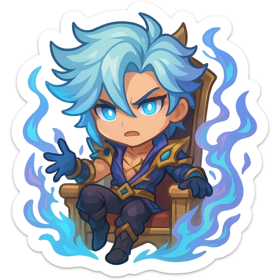Soul Fighter Viego chibi emoji on a throne, surrounded by swirling Soul Fighter energy, cute proportions, dramatic pose, glowing blue and purple effects sticker