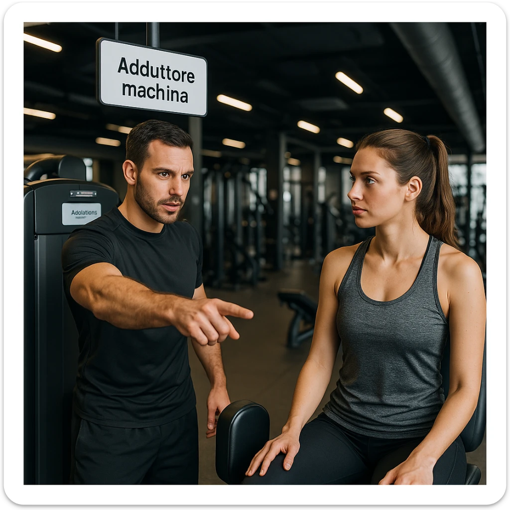 realistic scene of a personal trainer in a modern gym decisively pointing to the adductor machine to a client in sportswear, confident and professional expression, attentive client, motivational atmosphere, detailed, Italian sign 'Adductor machine', equipped gym background, 4K quality sticker