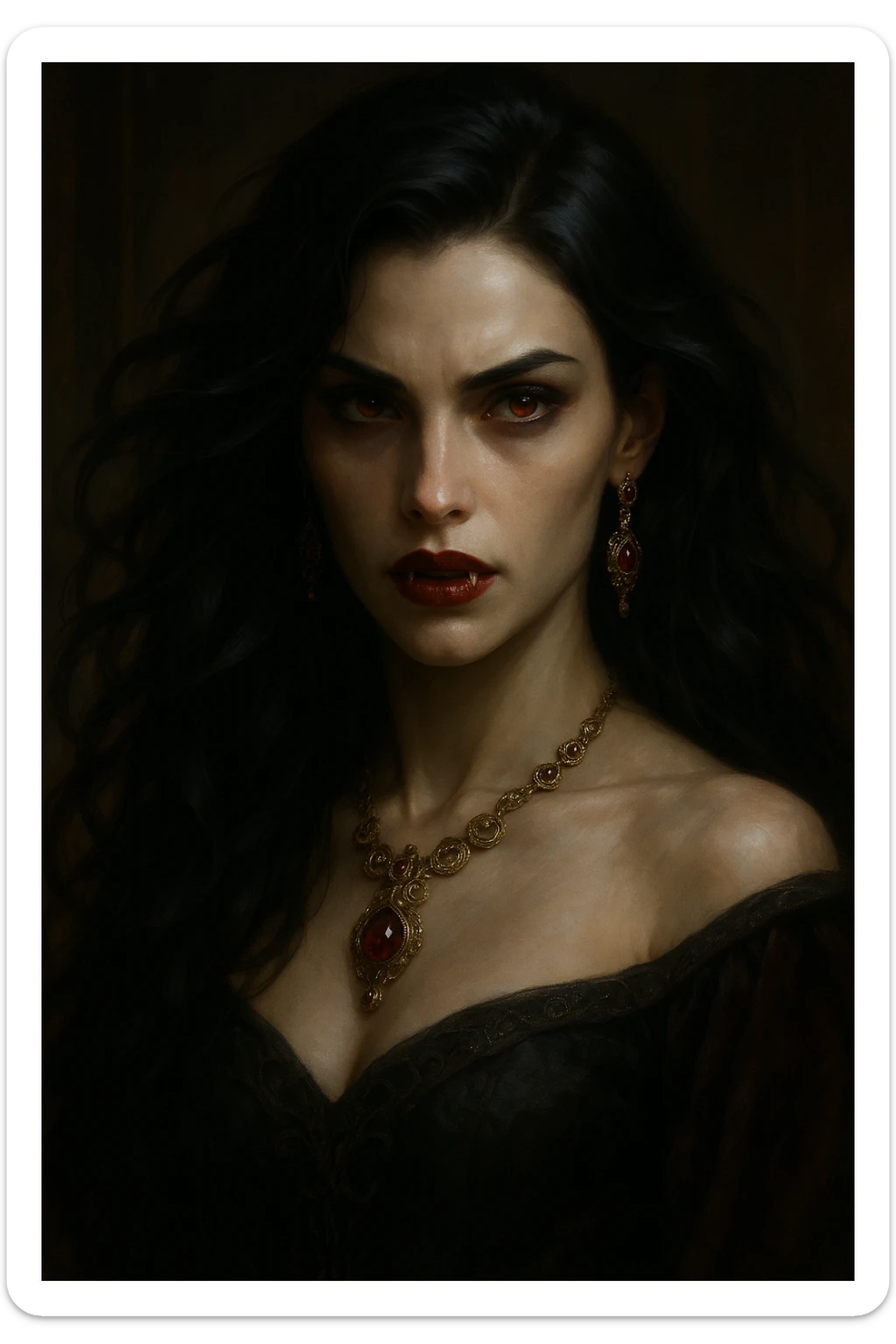 vampire girl, realistic fantasy style, dramatic lighting, flowing black hair, crimson lips, ornate jewelry, intense gaze sticker