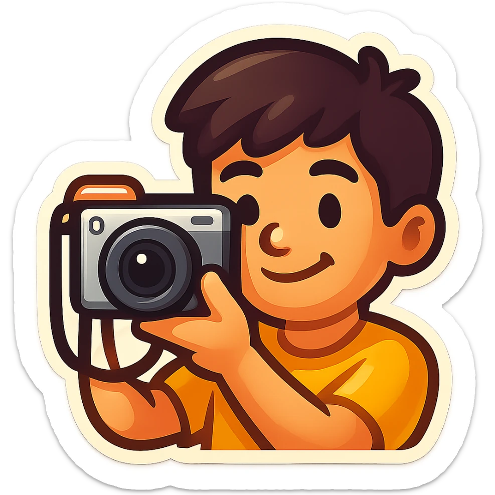 Turn this photo of a person holding a camera into a simplified, expressive emoji with a friendly, cartoon-like style focusing on the camera. Use a transparent background. sticker