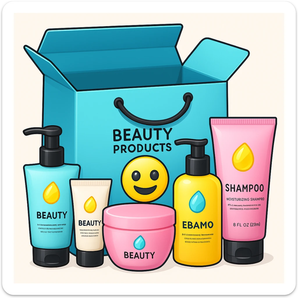 Gift bag with beauty products (shampoo, creams, styling products), a gift bag is beautyful open box with luxury brand-labeled beauty products standing nearby, emoji style, blue bag sticker