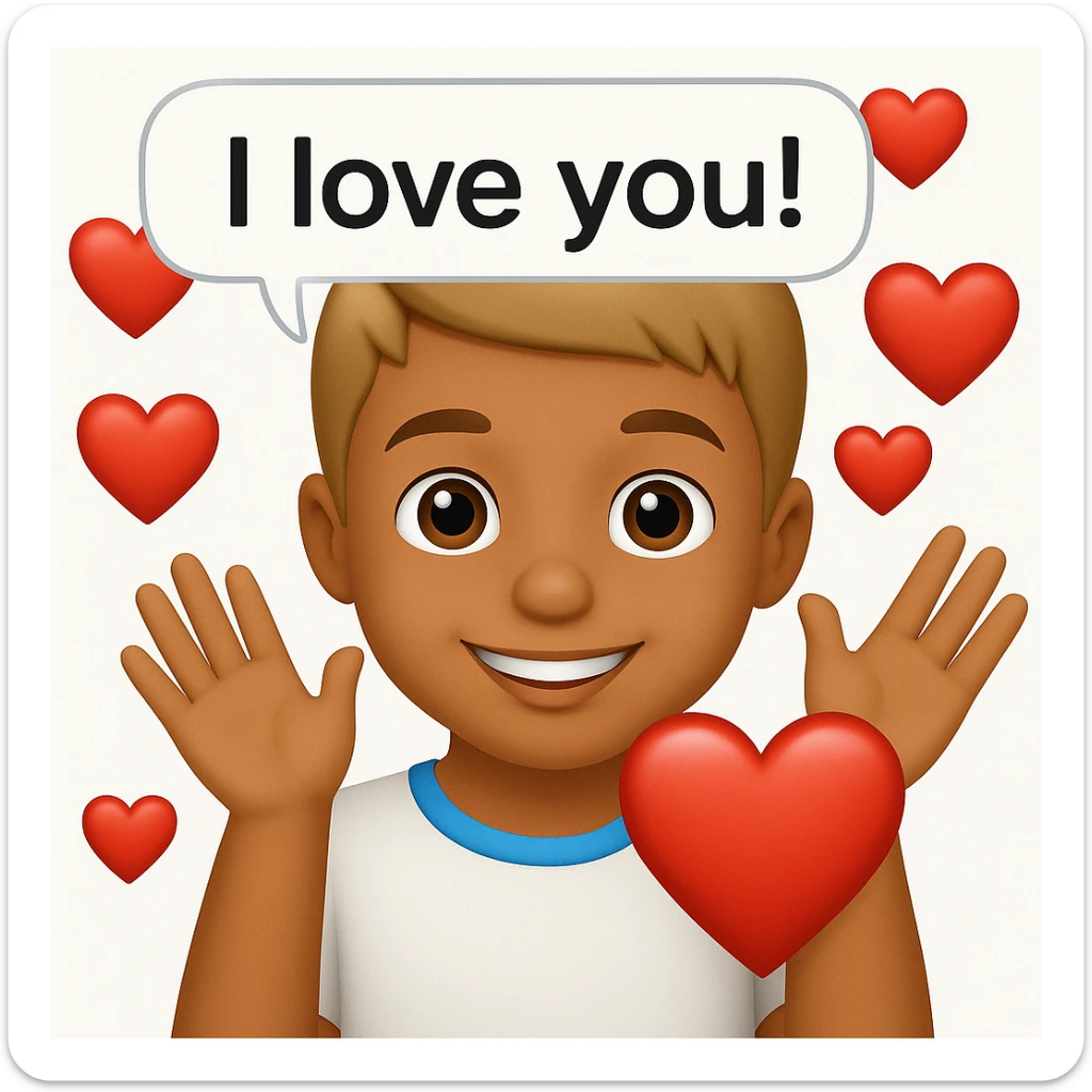 Add a speech bubble with the greeting 'I love you!' to the image, keeping the emoji style warm and loving sticker