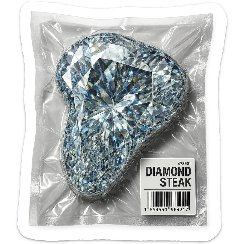meat steak made of diamond, glossy and puffy, vacuum-sealed style sticker