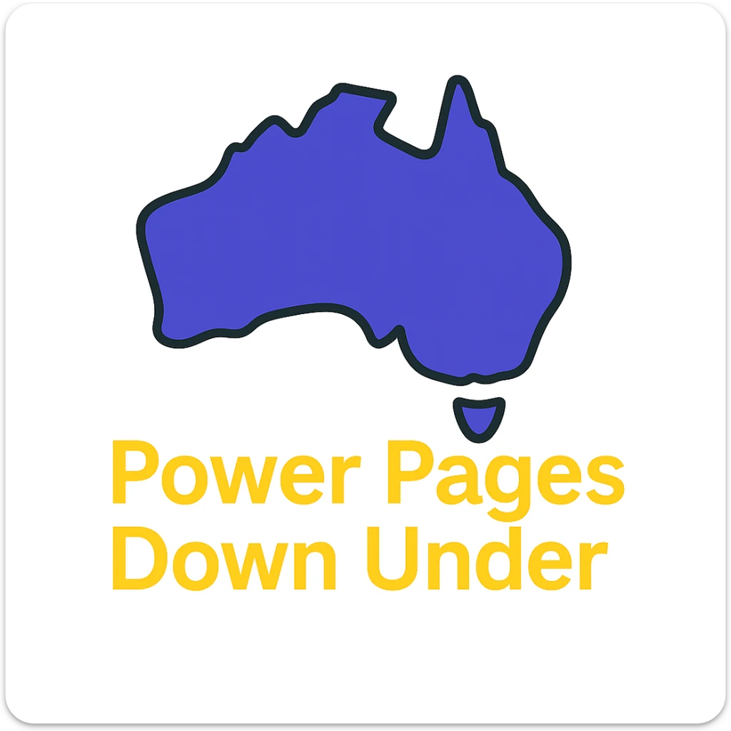 Remove the Power Pages icon. Only show the map of Australia with the text 'Power Pages Down Under' in a clean, modern font. Use #403DAD, vibrant purple, and #fff7ad as accent colors. No digital web overlay sticker