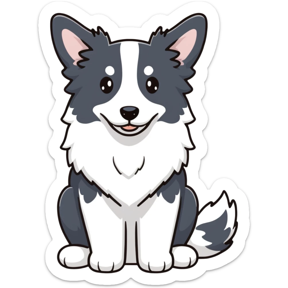 A pure white Border Collie dog sitting, with fluffy fur, alert pointed ears, and friendly expression sticker