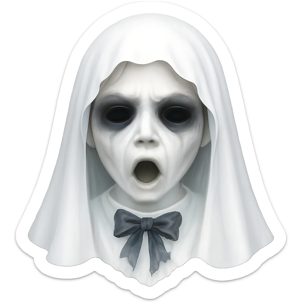 Increase the amount of white in the image, making the girl ghost and her sheet appear brighter and more luminous. Keep the torn bow, haunting expression, and dark shadows around the eyes intact. Maintain the transparent background. sticker