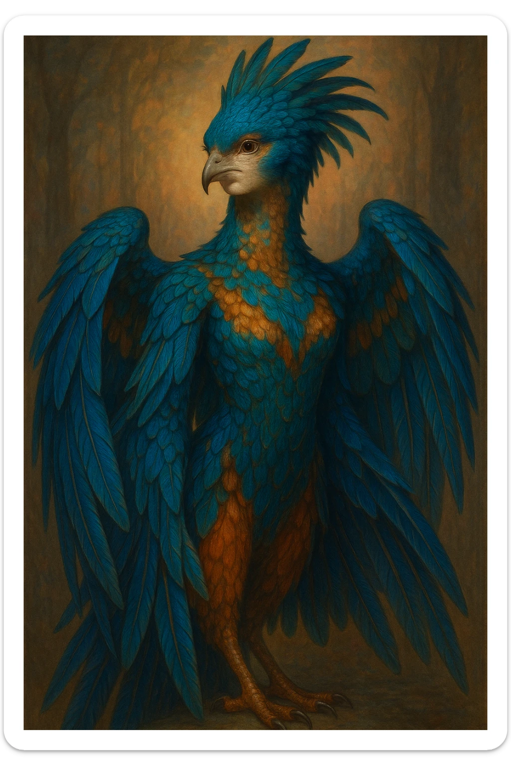 hybrid bird woman with mostly bird features, fantasy style, any bird species, vibrant colors, detailed feathers, elegant and mystical appearance sticker