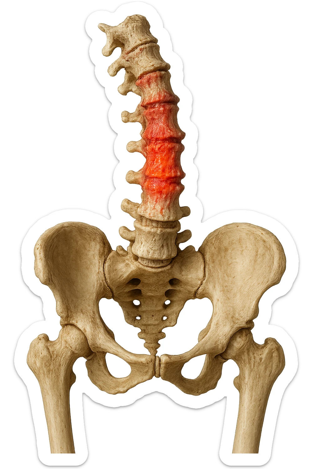 SPINA DORSALE STORTA E INFIAMMATA CON BACINO UMANO ANATOMICO REALISTICO INCLINATO, iperrealistica 4k sticker