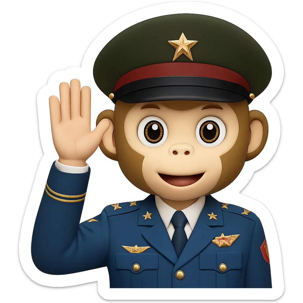 Add a classic military hat to the playful monkey face doing a military salute in emoji style with transparent background. sticker