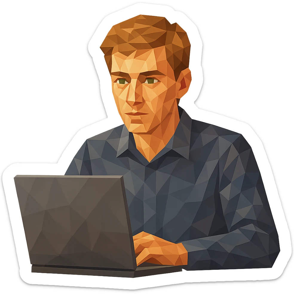 polygonal style man with light brown hair and green eyes sitting in front of a laptop sticker