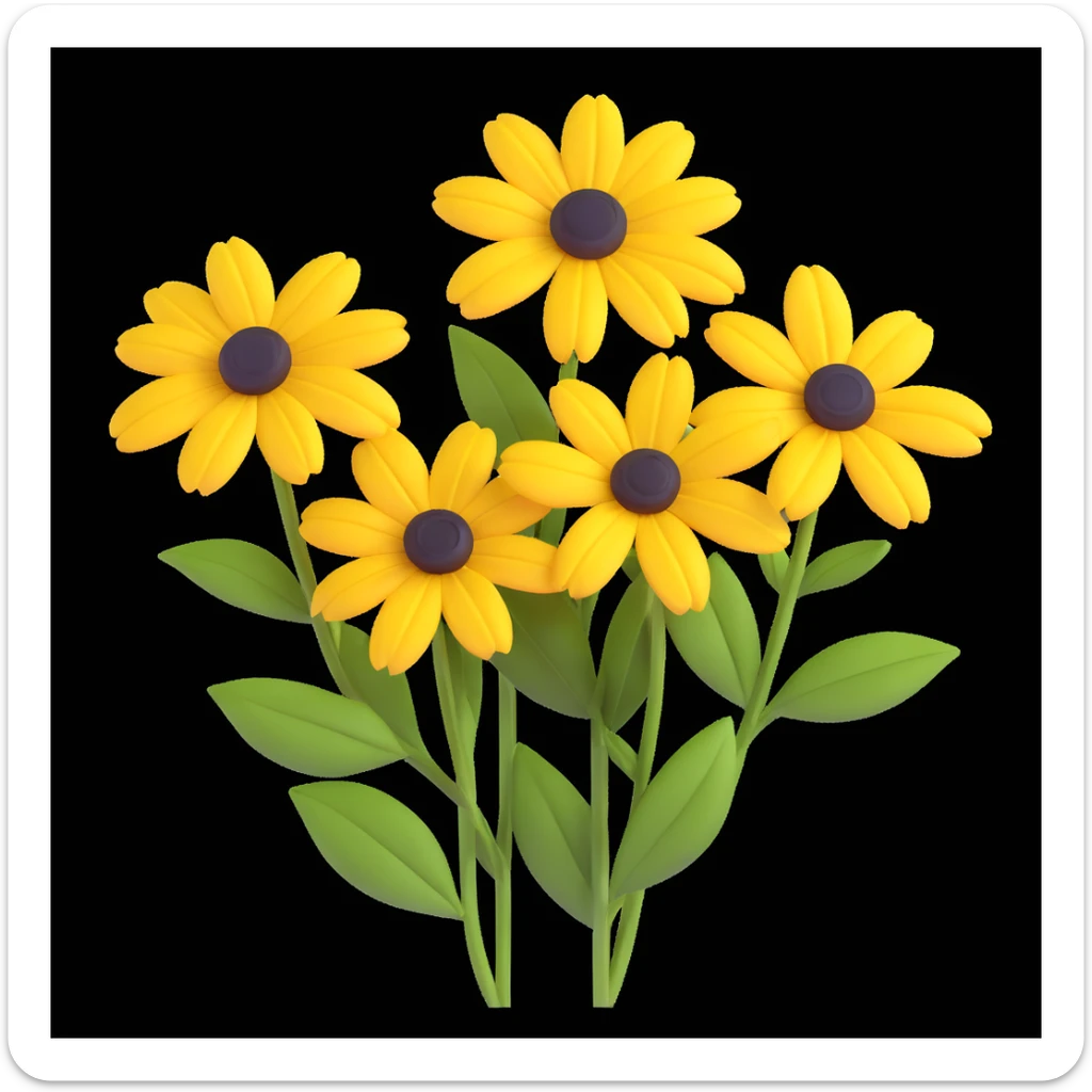 three yellow rudbeckia flowers with green leaves, 3D iOS style, emphasis on volume and depth, white background sticker