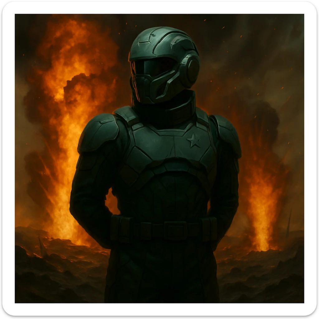Add a sci-fi helmet to the man, keeping the dark green military fatigues and warzone background with explosions and flames. The style should maintain a realistic and intense warzone atmosphere with detailed explosions and flames in the background. sticker